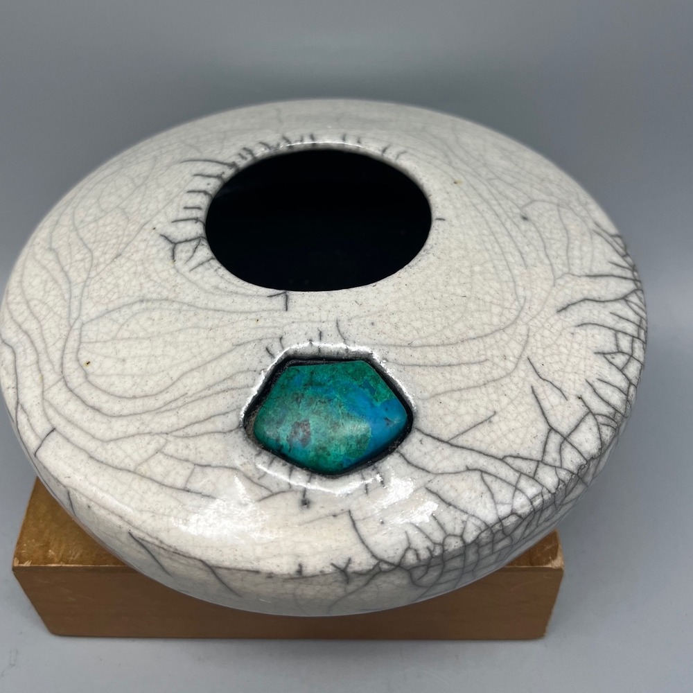 Vtg Raku Pottery Handcrafted Crackle Glaze W/Turquoise Lynn‎ Jenkins Signed